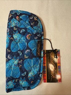Laurel Burch Navy and Aqua Cat Quilted Eyeglass Pouch-2 compartment